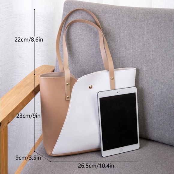 ⚠️Clearance White And Brown Color Block Shoulder Tote Bag - Picture 2 of 5